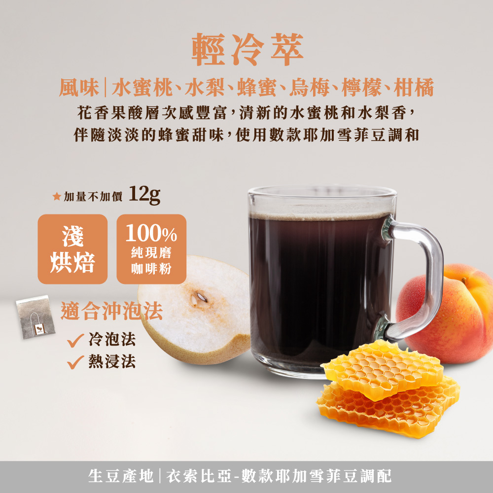 啡茶時刻輕冷萃，水蜜桃水梨蜂蜜烏梅檸檬柑橘風味淺烘焙