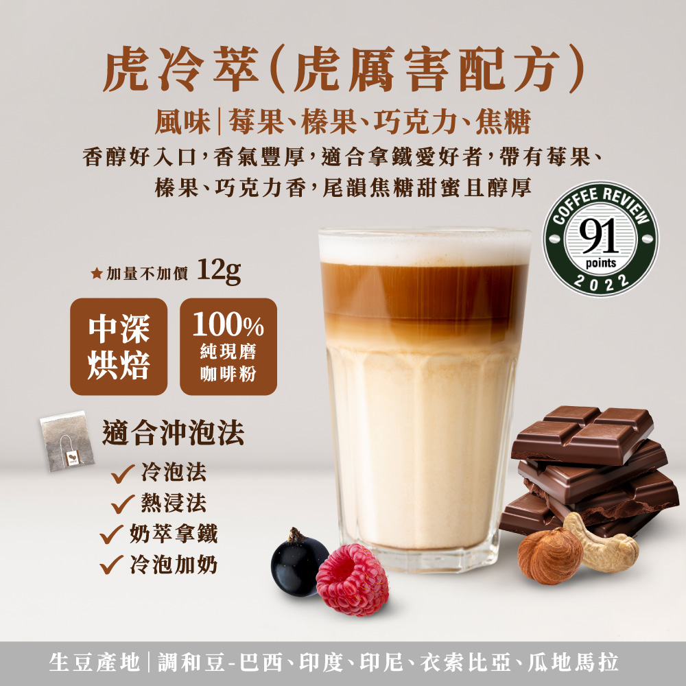 啡茶時刻虎冷萃，虎厲害配方，Coffee Review 91分，莓果榛果巧克力焦糖風味